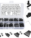 Sweet 410 Piece M2 Metric Machine Screw Kit With Black Button Head Allen Cap Bolts Nuts And Washers Made Tough Grade 10.9 Alloy Steel Includes Hex Key Perfect For Heavy Duty Repairs And Custom Builds With Top Notch Durability And Strength. M2 screw kit in case, black button head bolts, nuts, washers, hex key