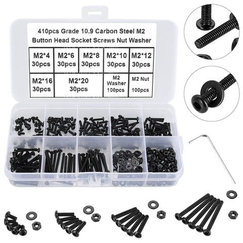 Sweet 410 Piece M2 Metric Machine Screw Kit With Black Button Head Allen Cap Bolts Nuts And Washers Made Tough Grade 10.9 Alloy Steel Includes Hex Key Perfect For Heavy Duty Repairs And Custom Builds With Top Notch Durability And Strength. M2 screw kit in case, black button head bolts, nuts, washers, hex key