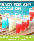 Clear Drink Pouches For Adults 16.9 Oz Freezable Reusable Bags With Straws Leakproof Party Ready by poolside with drinks