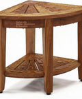Kai Corner Teak Shower Bench With Storage Shelf For Bathroom Durable Water Resistant Shower Chair Shaving Foot Rest Indoor And Outdoor Use Compact Space Saver Seat with visible water droplets showcasing water resistance.