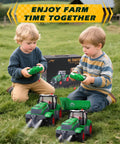 Two kids playing with Remote Control Tractor 1 To 24 Scale With Dump Trailer Rechargeable RC Farm Vehicle Toy outdoors