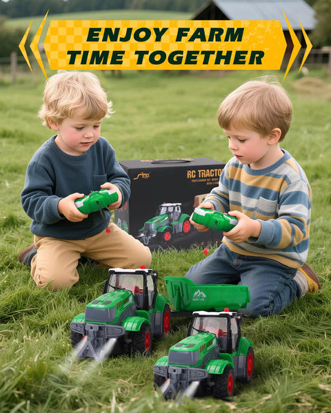 Two kids playing with Remote Control Tractor 1 To 24 Scale With Dump Trailer Rechargeable RC Farm Vehicle Toy outdoors