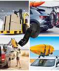 Collage showing 4 Pack Beefy Heavy Duty Cam Buckle Tie Down Straps 1 Inch Wide By 16 Feet Long for securing cargo on vehicles and equipment