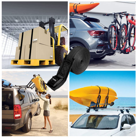 Collage showing 4 Pack Beefy Heavy Duty Cam Buckle Tie Down Straps 1 Inch Wide By 16 Feet Long for securing cargo on vehicles and equipment