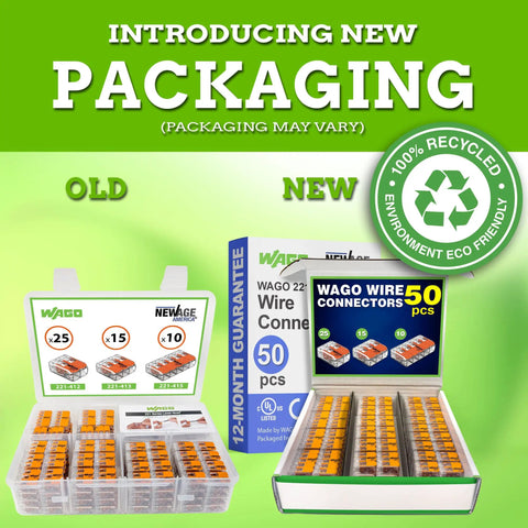 Old and new packaging of Lever Nut Wire Connector Set 50 Pack 221 Series Compact Splicing Connectors displayed.
