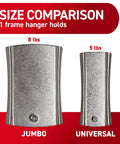 Size comparison of Slap On Universal Picture Frame Hangers showing 8 lbs Jumbo and 5 lbs Universal metal adhesive straps.
