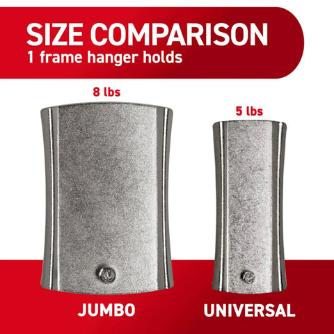 Size comparison of Slap On Universal Picture Frame Hangers showing 8 lbs Jumbo and 5 lbs Universal metal adhesive straps.