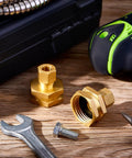 Two Pack Heavy Duty Brass Garden Hose Adapters Set Three Eighths To Three Quarters Of An Inch Female To Female Swivel Compression For Outdoor Watering Car Washing And Garden Irrigation brass adapters on wood with wrench