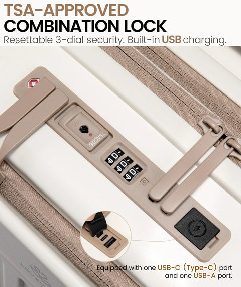 TSA lock with USB ports on Expandable 22x14x9 Carry On Luggage With USB Charging Port Front Pocket And TSA Lock PC Hardside Spinner