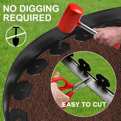 Two Pack 1.5 Inch Garden Edging Border 100 Ft Total Length Plastic Landscaping Edge With 120 Spikes Easy No Dig Install shown with tools