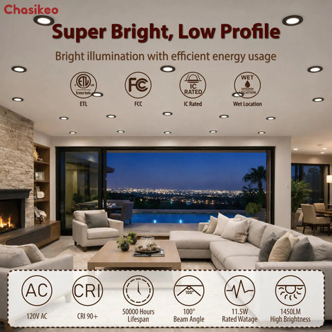 10 Pack 5/6 Inch Metal LED Recessed Lighting, Black Dimmable LED Can Lights installed in a stylish living room ceiling.