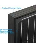 Close-up of 100W 12V Monocrystalline Solar Panel For Off Grid Power, IP67 Waterproof And Ultra Lightweight, anodized aluminum frame and glass