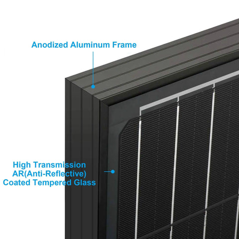 Close-up of 100W 12V Monocrystalline Solar Panel For Off Grid Power, IP67 Waterproof And Ultra Lightweight, anodized aluminum frame and glass