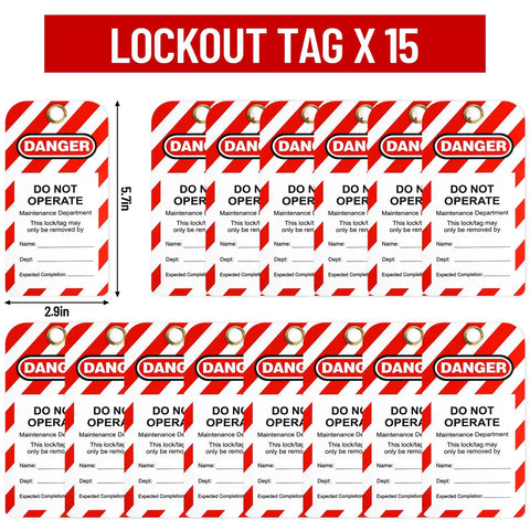All In One Lockout Tagout Kit With Electrical LOTO Hasps Warning Tags Numbered Safety Padlocks Nylon Ties Zip Ties And Heavy Duty Storage Bag showing 15 warning tags.
