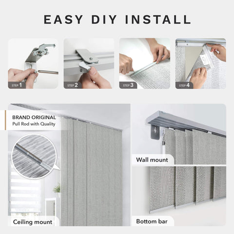 99.99 Percent Blackout Vertical Blinds With Extendable Track, Privacy Curtain Panels, installation steps, wall and ceiling mount.