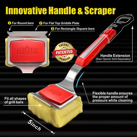 No Bristle Grill Brush With Replaceable Cleaning Head, SteamWizards Seamless Fit Scraper Tool, innovative handle and scraper display