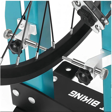 Bicycle Wheel Truing Stand For 16 To 29 Inch Wheels, Adjustable Width 95Mm To 150Mm, showing close-up of centering tools on rim