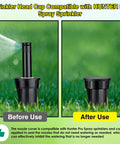 3 Pack Sprinkler Head Cap Set For Hunter Pro Spray Sprinklers With Fluoroelastomer Seals, Black Cap With O Rings shown before and after installation.