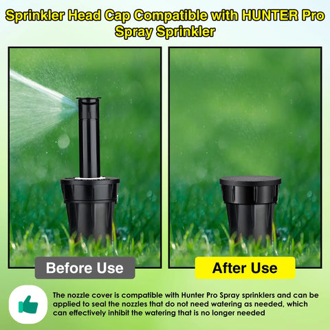 3 Pack Sprinkler Head Cap Set For Hunter Pro Spray Sprinklers With Fluoroelastomer Seals, Black Cap With O Rings shown before and after installation.