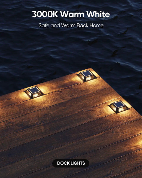 8 Pack Solar Deck Lights Outdoor Waterproof IP68 LED Pathway Markers For Garden, Driveway, Steps And Yard, Warm White, dock installation