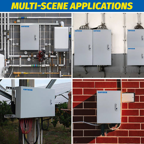 COYXICE steel electrical junction box 16 x 12 x 8 in; NEMA 4X weatherproof, wall-mounted enclosure (front and side views).