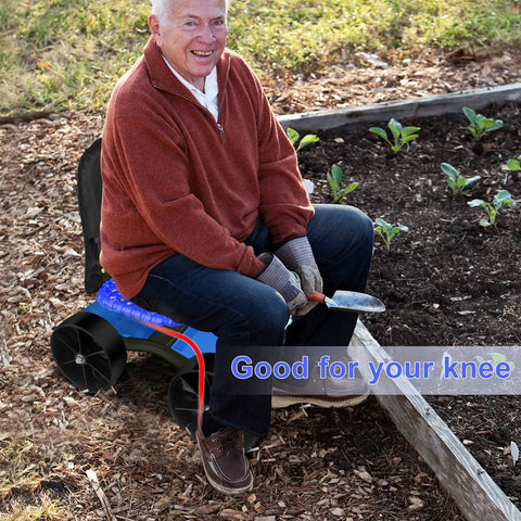Garden Cart Rolling Stool With Four Wheels And Tool Bag Adjustable Seat Height And Direction Sturdy Yard Work Ready 300 Lb Capacity Rust Resistant Metal Includes Handy Tray Blue in use