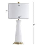 White And Brass Modern Ceramic Column Table Lamp With Gold Base, Sleek Bedside Light For Living Room Or Bedroom, White Linen Shade
