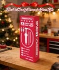 Marine Lower Unit Gear Oil Pump Kit package on workbench near Christmas tree, focus on product and festive background.