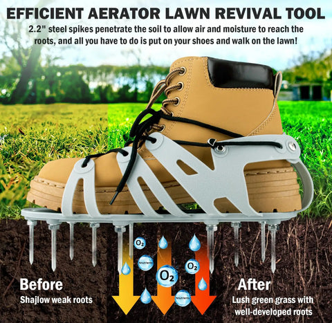 Lawn Aerator Shoes With Wrap Around Lacing And Spiked Soles For Easy Grass Aeration shown with spiked soles and lush turf background.