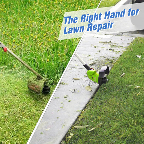 AC14RL3A Replacement Weed Wacker String Kit in use on a Ryobi One Plus Cordless Trimmer trimming lawn edges