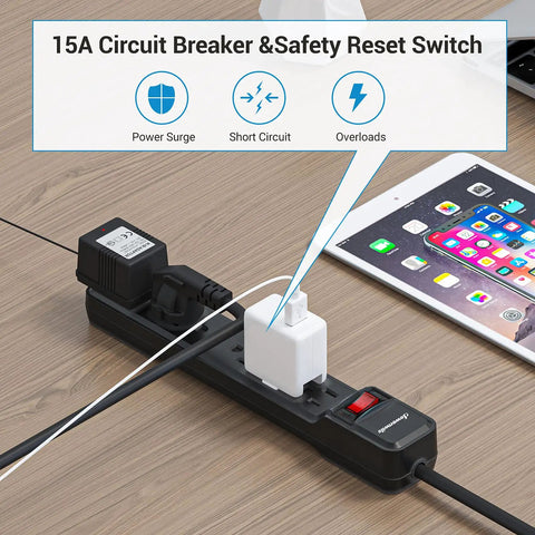 Surge Protector Power Strip With 12 Ft Extension Cord Flat Plug 6 Outlets One Wide Spaced Socket For Bulkier Plugs 500J Surge Protection 15A Circuit Breaker Wall Mountable UL Listed Black in use with devices.