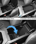 Before and after view of BMW X3 Center Console Organizer Tray for 2025 2026 G45 Models, durable ABS plastic with anti-slip rubber