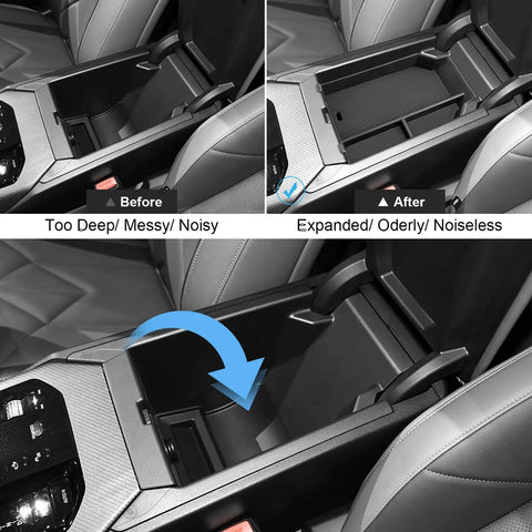 Before and after view of BMW X3 Center Console Organizer Tray for 2025 2026 G45 Models, durable ABS plastic with anti-slip rubber