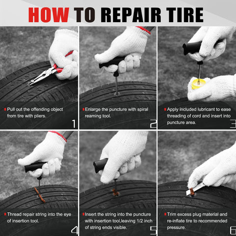 Instructional guide for using 10 Piece Tire Repair Kit With T Handle Tools And Storage Case Fix Flat Punctures Fast No Tire Removal Needed