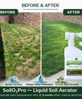 Liquid Soil Aerator And Oxygen Active Biostimulant bottle showing before and after effects on compacted clay soil lawn.