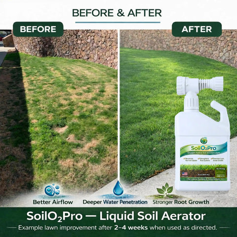 Liquid Soil Aerator And Oxygen Active Biostimulant bottle showing before and after effects on compacted clay soil lawn.