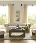 Living room with beige sofas and heavy duty curtain rod set for windows 72 to 144 inches 7/8 inch adjustable drapery rods with modern finials.
