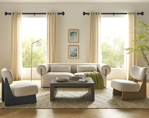 Living room with beige sofas and heavy duty curtain rod set for windows 72 to 144 inches 7/8 inch adjustable drapery rods with modern finials.