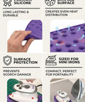 Mini Iron Rest Silicone Heat Resistant Mat For No Fuss Crafting Sewing And Quilting Supplies Travel Ready Durable Protective Surface For Travel Iron Lime Green showing purple dimpled surface and mini iron display