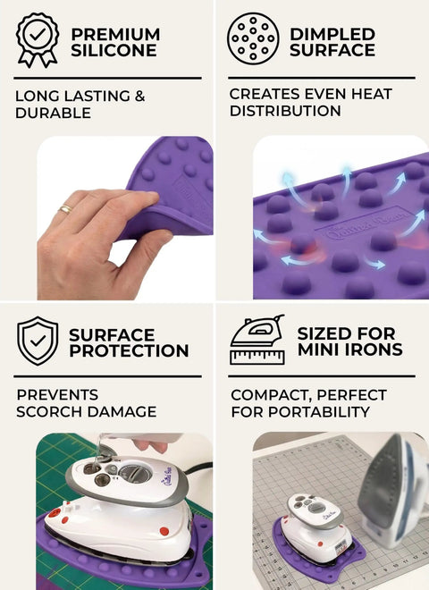 Mini Iron Rest Silicone Heat Resistant Mat For No Fuss Crafting Sewing And Quilting Supplies Travel Ready Durable Protective Surface For Travel Iron Lime Green showing purple dimpled surface and mini iron display