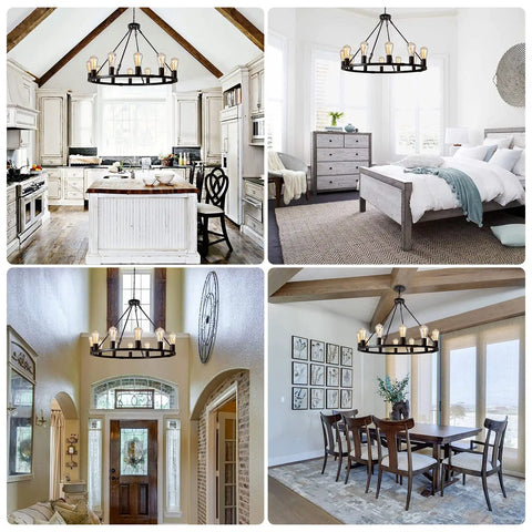 31.5 Inch Wagon Wheel Chandelier With 12 Lights Black Industrial Rustic Farmhouse Ceiling Fixture in various room settings