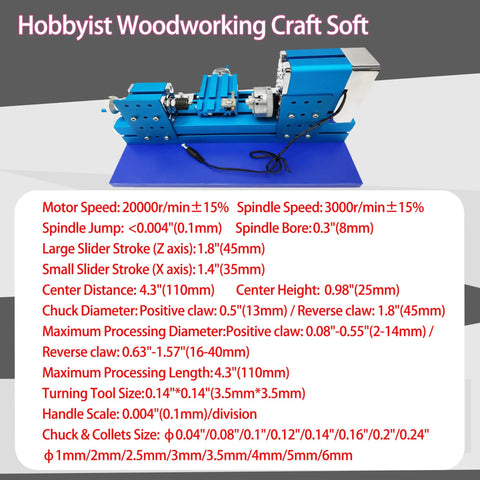 Jaryannix Mini Metal Lathe Benchtop 36W for Woodworking and DIY Projects 20000rpm High Speed Motor with specifications displayed.
