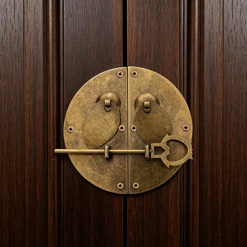 Old School Vintage Round Zinc Alloy Latch Locks for Wooden Boxes and Furniture, antique style, mounted on a dark wooden cabinet.