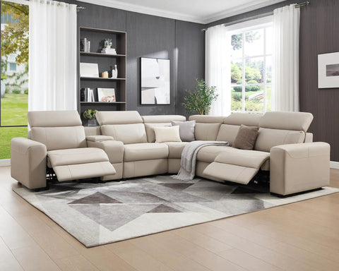Power Recliner Sectional Sofa With Storage And USB Port, Leather Look Reclining Couch With Adjustable Headrest, Beige Brown