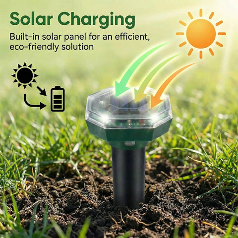 Solar Powered Ultrasonic Mole And Gopher Repeller Pack Of Four waterproof outdoor pest deterrent in grass with solar panel