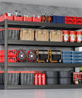 Industrial 67 Inch Wide Heavy Duty Garage Shelving Unit With 3500 Lbs Capacity 30 Inch Deep Adjustable Steel Shelves For Basement Kitchen And Warehouse Storage One Piece Design Built Tough Workhorse For Any Space. black steel 4-tier garage shelving with stored bins, tires, and tools