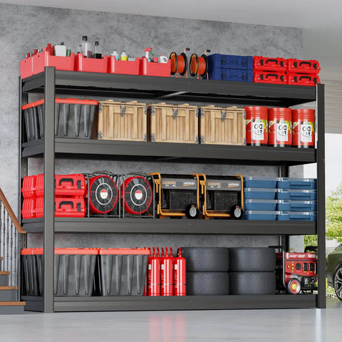 Industrial 67 Inch Wide Heavy Duty Garage Shelving Unit With 3500 Lbs Capacity 30 Inch Deep Adjustable Steel Shelves For Basement Kitchen And Warehouse Storage One Piece Design Built Tough Workhorse For Any Space. black steel 4-tier garage shelving with stored bins, tires, and tools