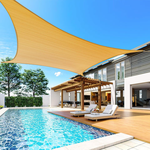 20x26 Ft Sun Shade Sail For Patio And Backyard installed over pool with loungers, Heavy Duty 185GSM Rectangular Outdoor Shade Canopy