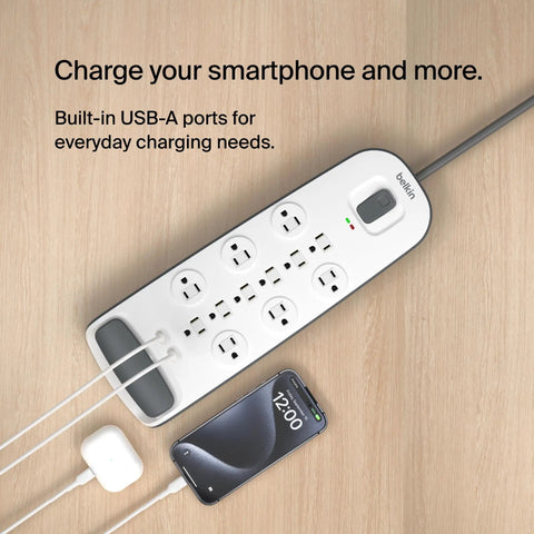 12 Outlet Surge Protector Power Strip With USB Ports, 6 Ft Flat Plug Extension Cord, 3996 Joules Protection, white on table
