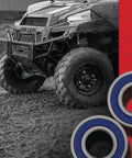 Mud-splattered ATV with Wheel Bearing Seal Kit For Suzuki Yamaha Honda Replacement High Speed ABEC 3 Bearings on red backdrop.